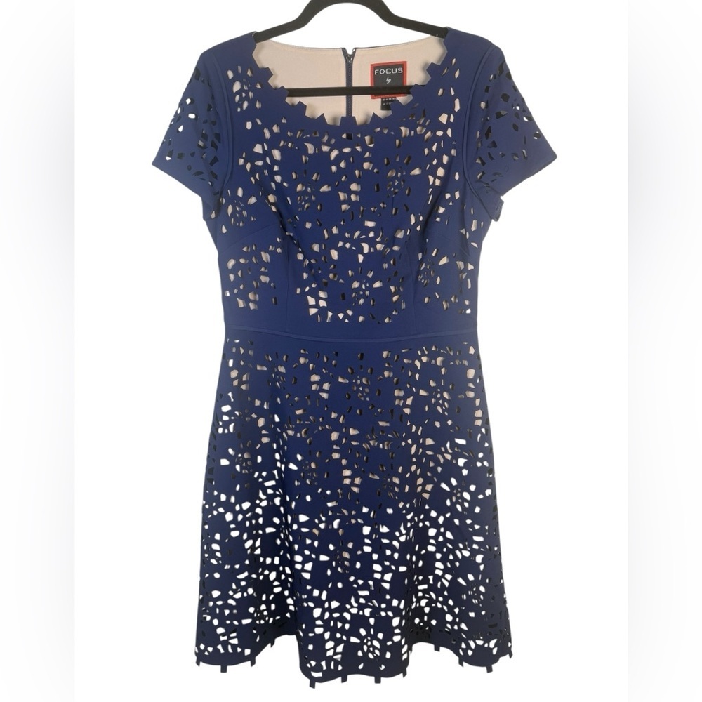 Focus by Shani Blue Laser Cut Short Sleeve Above Knee Fit & Flare Dress Size 8